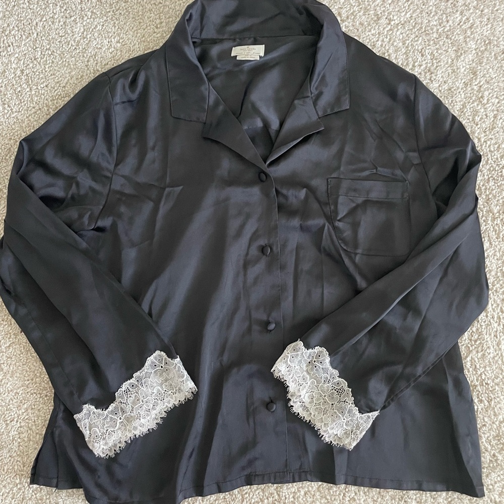 Kate Spade Black Satin Pajama Top with White Lace
